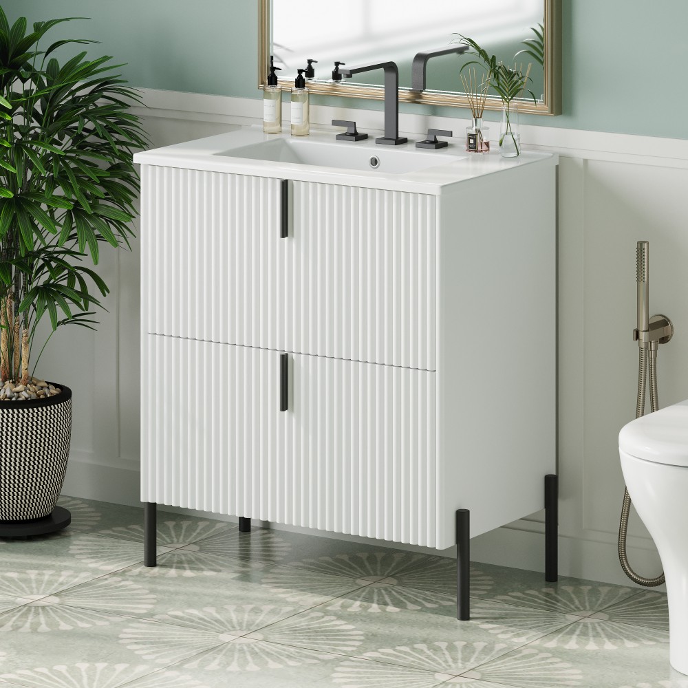 Bathroom Vanity W Ceramic Sink Equipped W Vertical Pulls Full Extension Drawers
