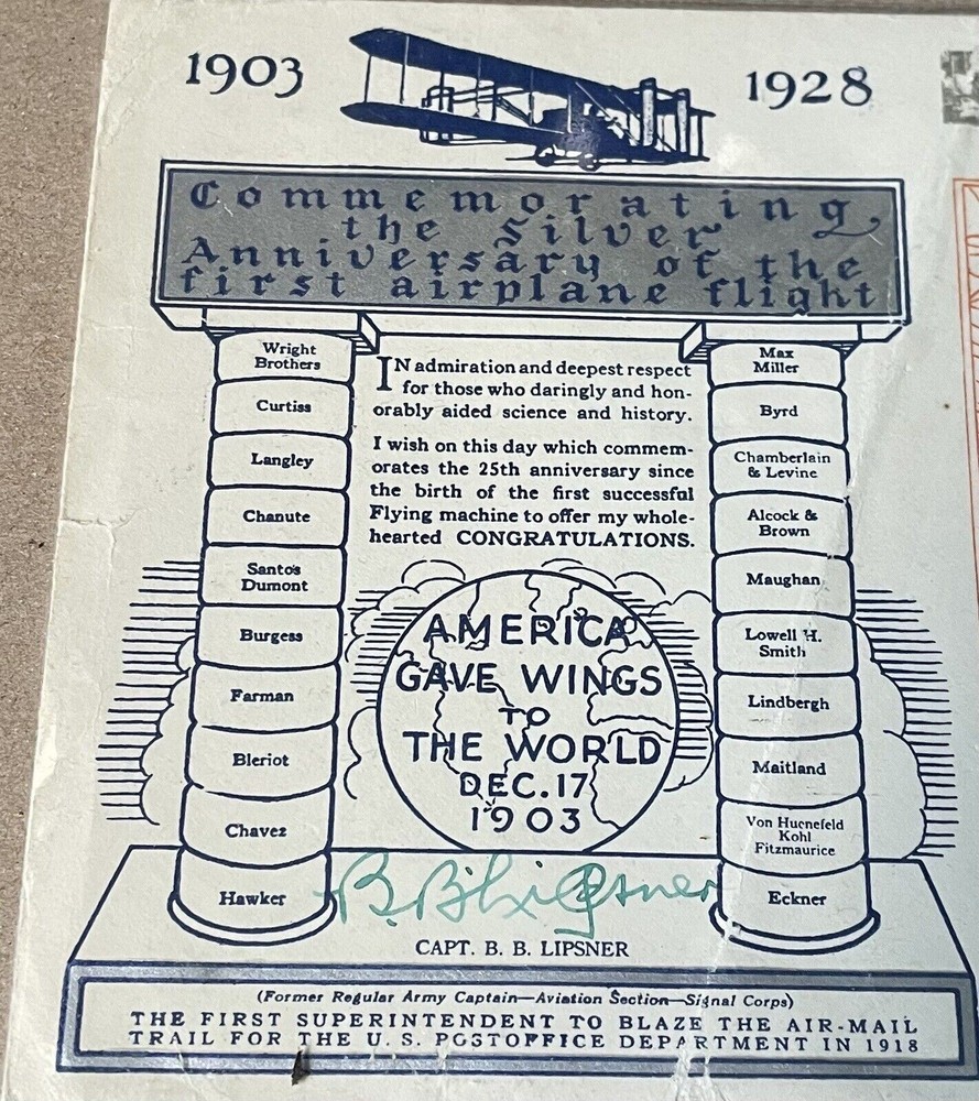 Capt B. B. LIPSNER SIGNED - WRIGHT BROS ANNIV Cover 1928 KITTY HAWK NC w CONTENT