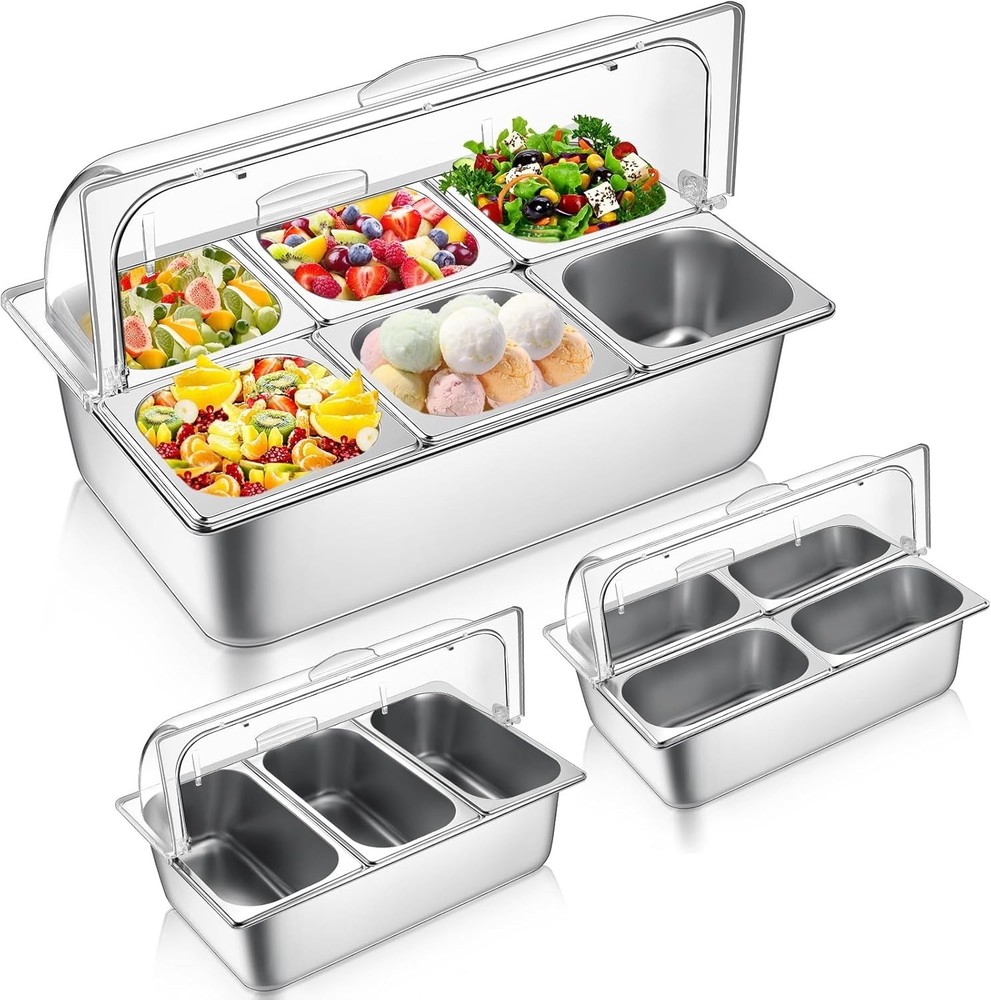 3PACK Countertop Food Serving Display Container w/ Clear Roll Top Cover 21x13x13