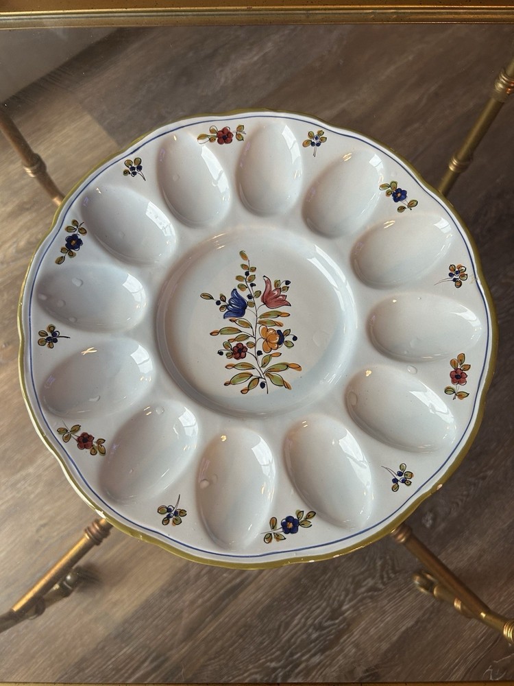 Hand-painted ceramic deviled egg plate with floral design