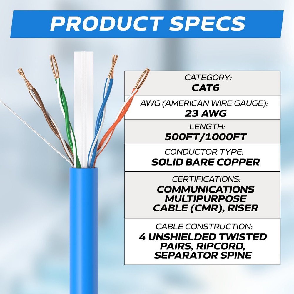 Bulk CAT6 ETL Rated Cable 1000ft 500ft Riser CMR Solid Bare Copper RJ45 Ethernet