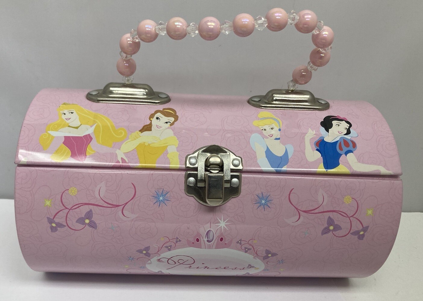 Disney Princess Beaded Pink Tin Tote Purse Case Snow White Cinderella Belle
