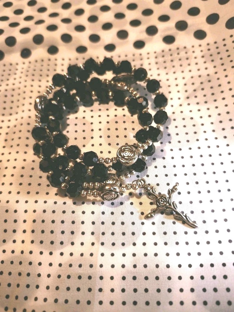 Artisan Hand Crafted Black & Silver Crystal Bead Wraparound Rosary Bracelet