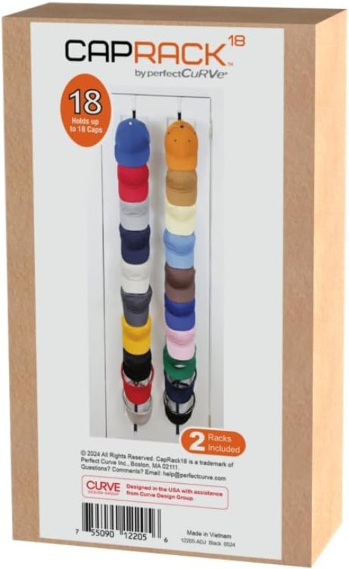 Versatile Over-The-Door Hat Storage - Cap Rack for 18-36 Adjustable Caps, Black