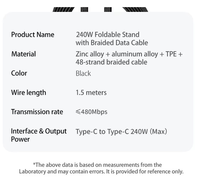 240W 2-in-1 USB-C Fast Charging Cable with Foldable Desktop Stand – Type-C Data