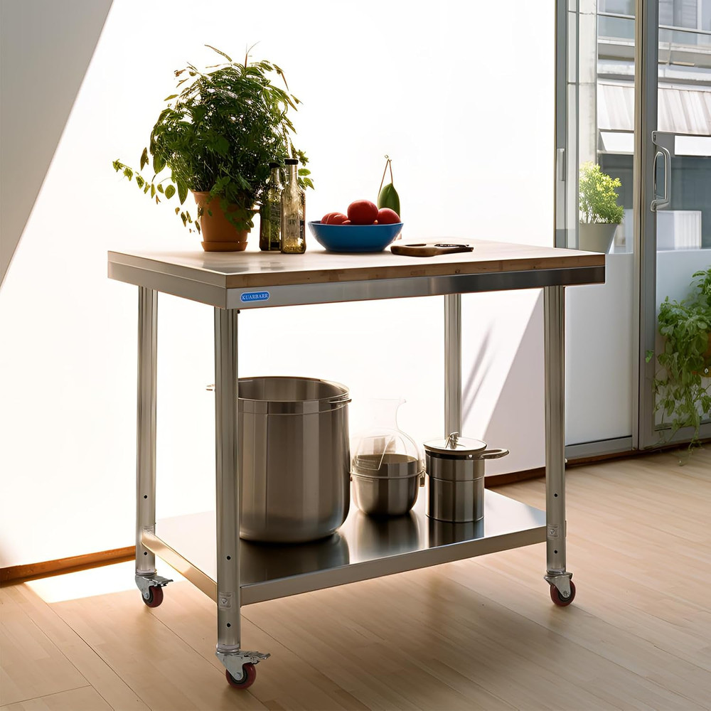 Stainless Steel Table for Prep & Work with 4 Caster Wheels with Adjustable Under