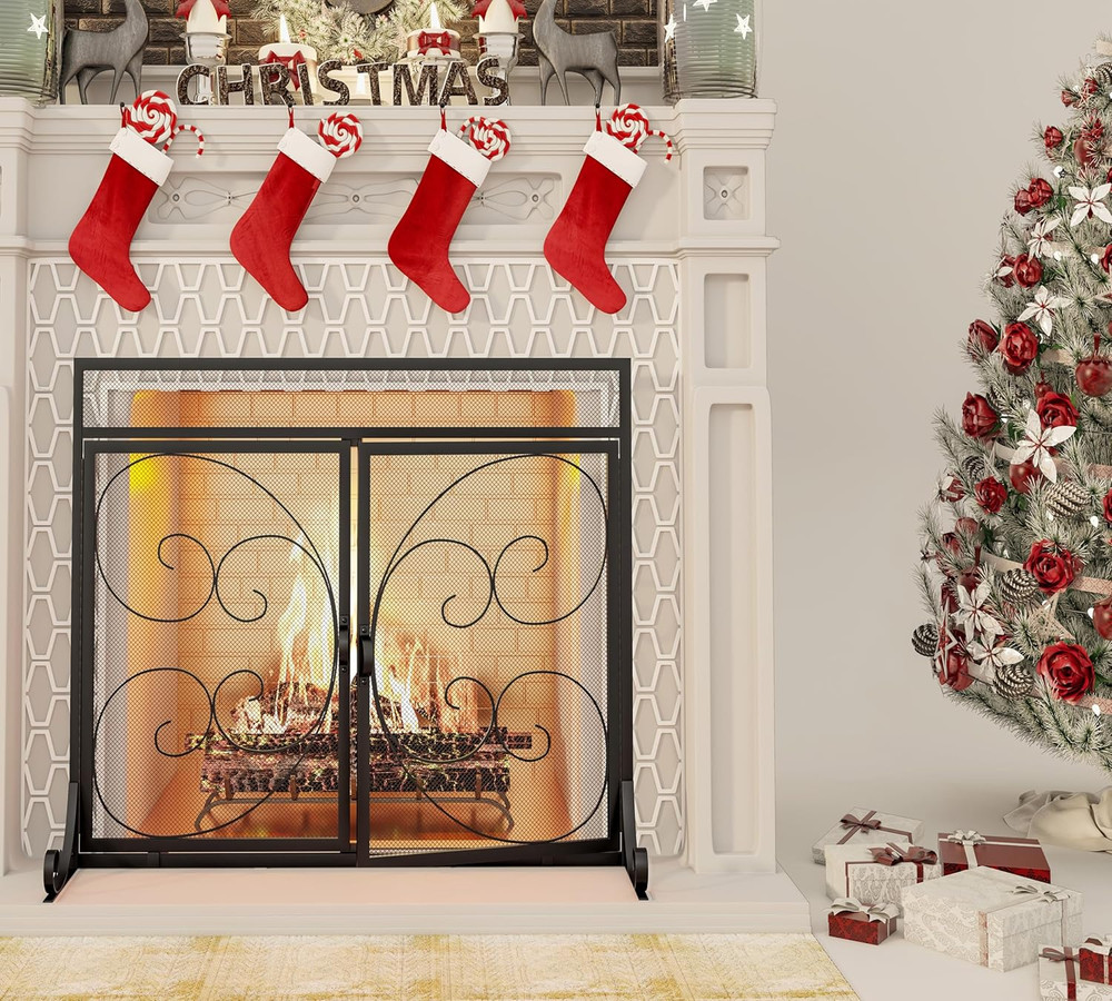 Flat Fireplace Screen with Hinged Doors Handcrafted Wrought Iron Classical Sc...