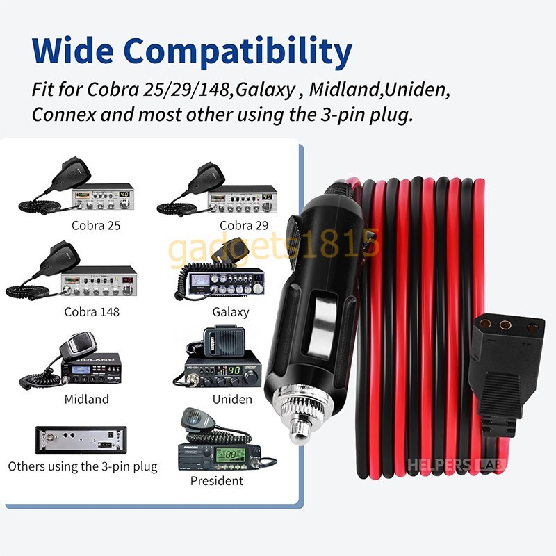 3-Pin Power Cord Car Cigarette Lighter Plug For Uniden Galaxy Midland CB Radio