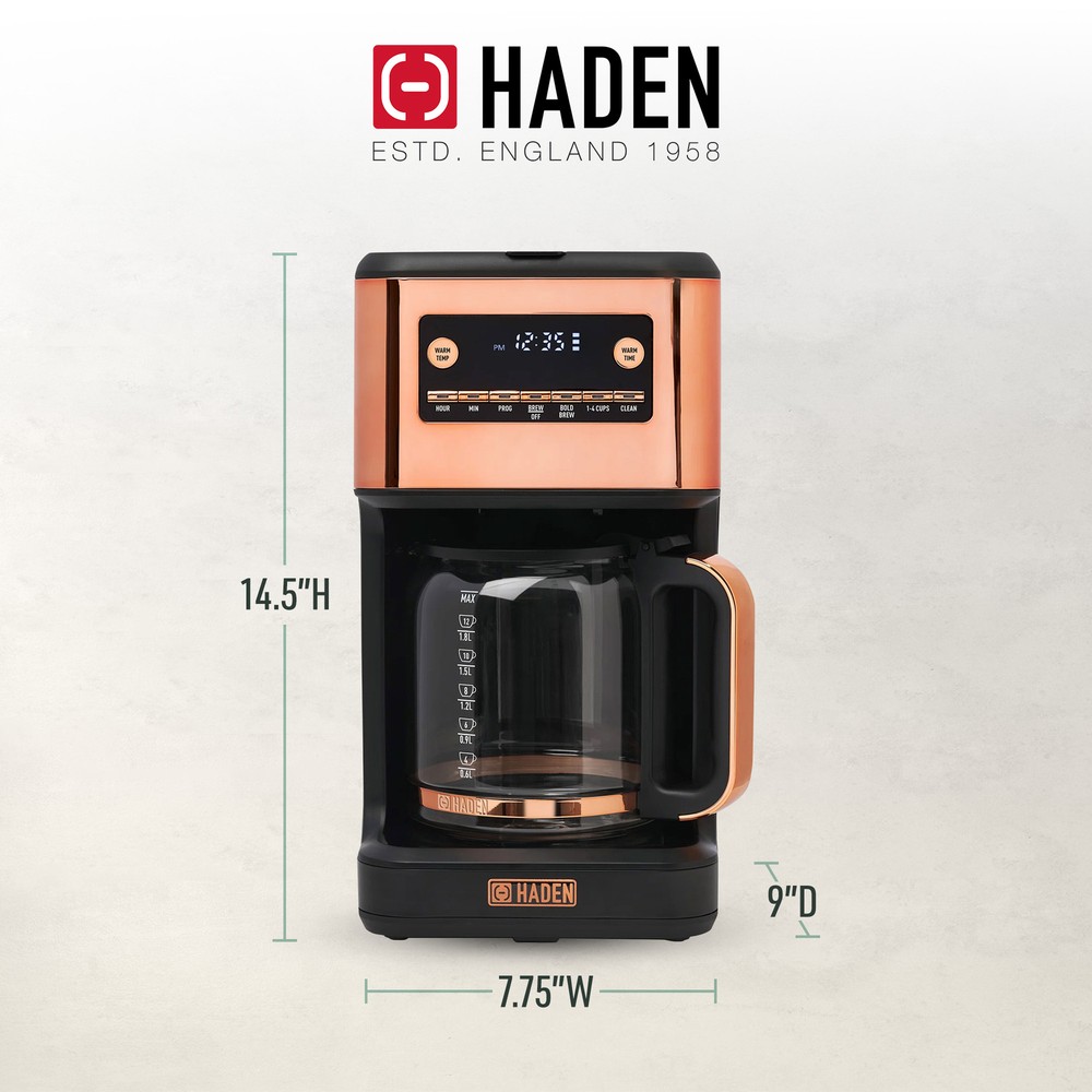 Haden Generous Brew 14 Cup Programmable Digital Coffee Maker Pot, Black/Copper