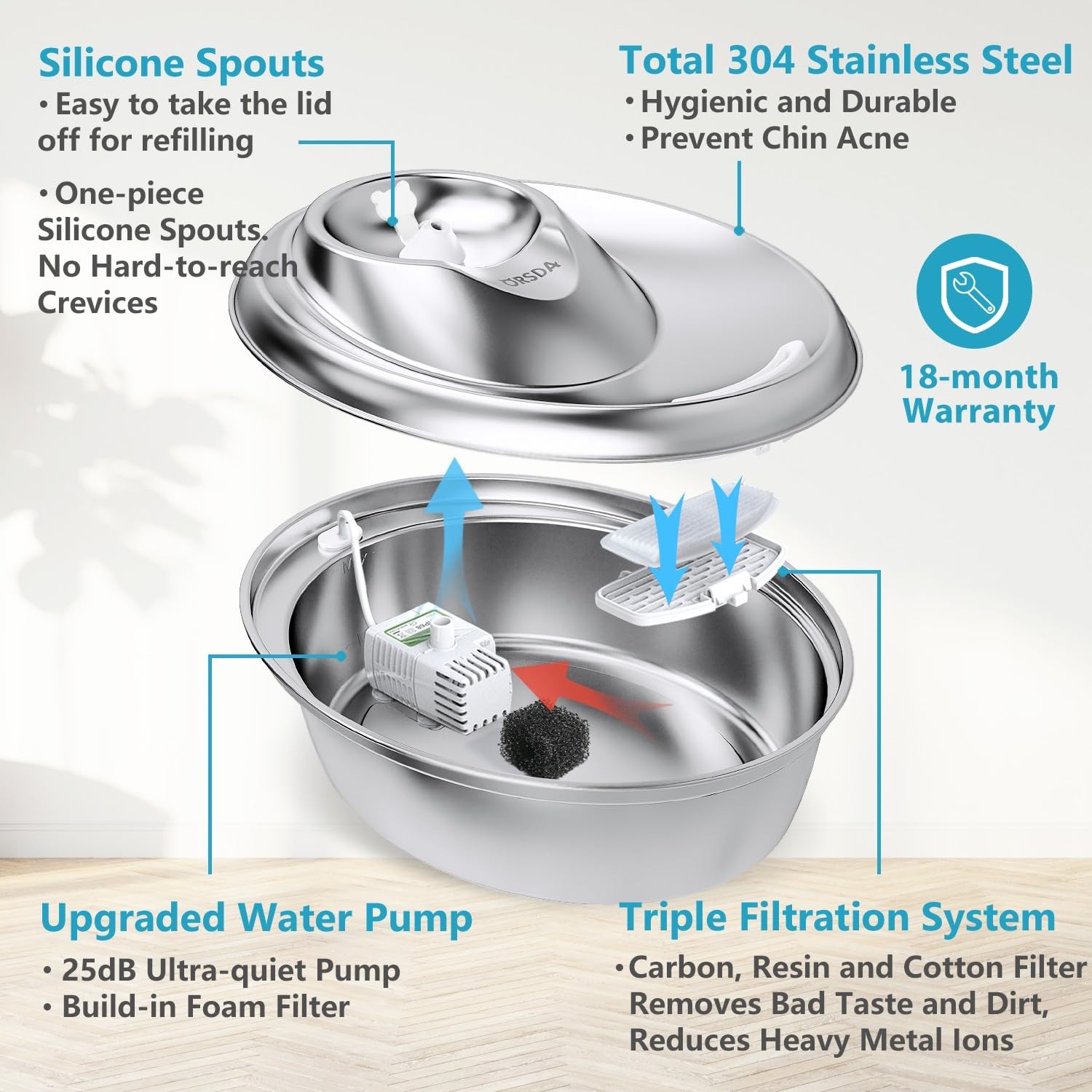 Cat Water Fountain Stainless Steel, 2L Pet Fountain for Cats Inside, Dog Wate...