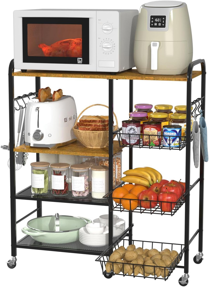Rolling Kitchen Microwave Cart - 4 Tier Microwave Table Stand with Pull-Out Bask