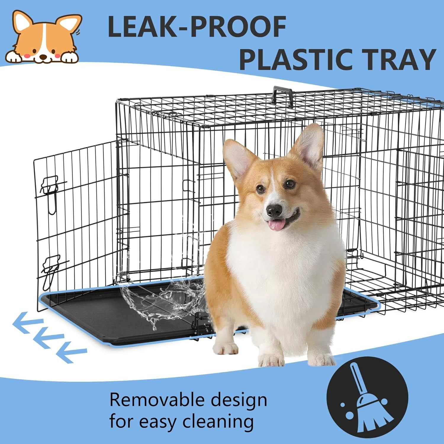 30in Dog Crate Double Door Folding Metal Wire Cage Divider Tray Medium Black