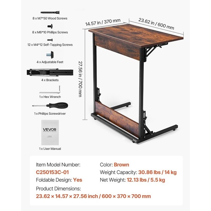 Foldable C Shaped Side Table Space Saving Portable End Stand Adjustable Legs New