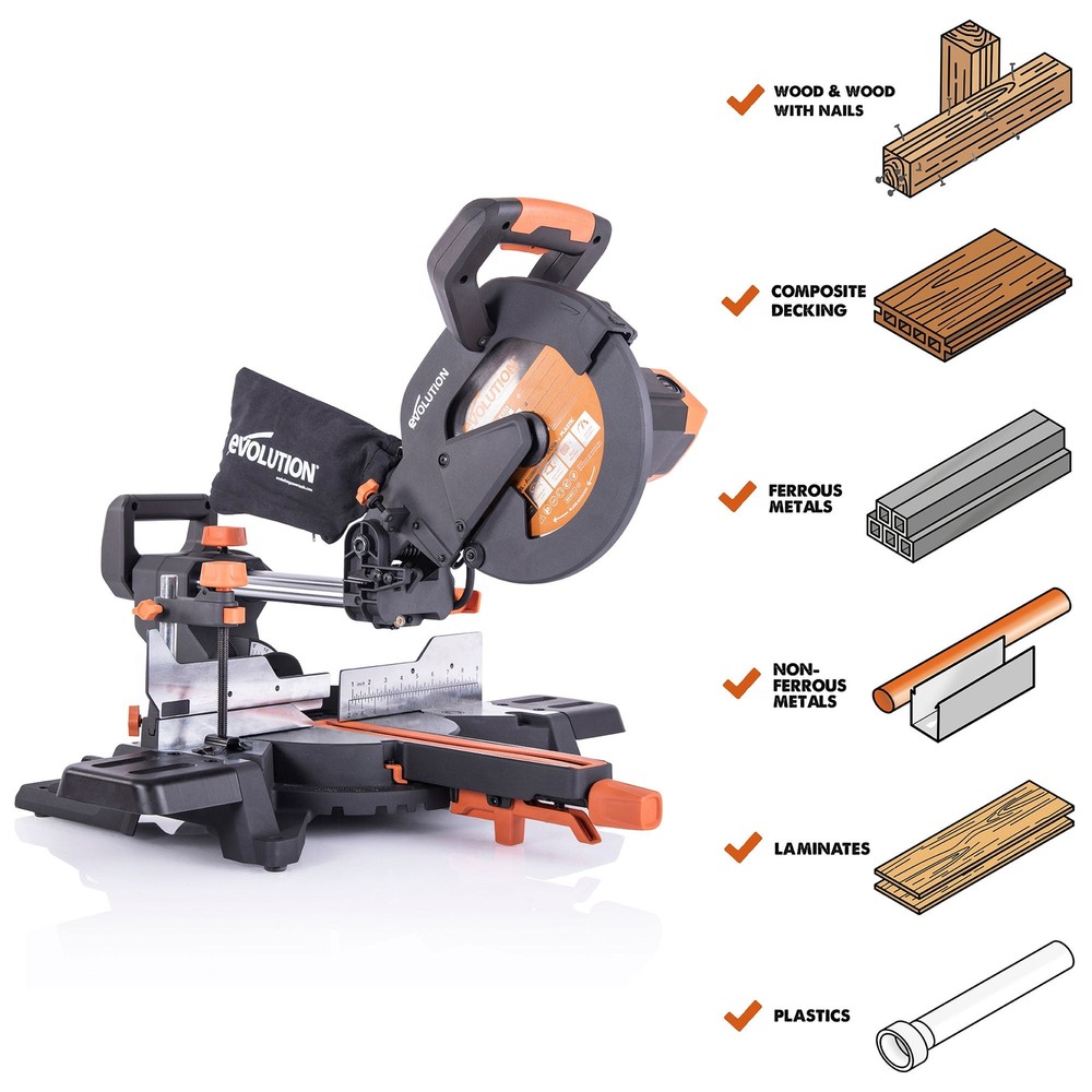 Evolution R255SMS+: Single Bevel Sliding Miter Saw With 10 in. Multi-Material Cu