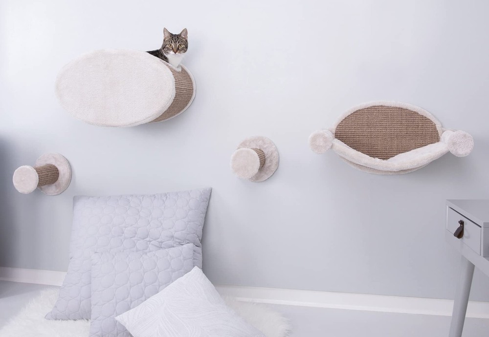 4pc Cat Tree Wall Mount Set Plush Condo Hammock Steps Space Saving Design