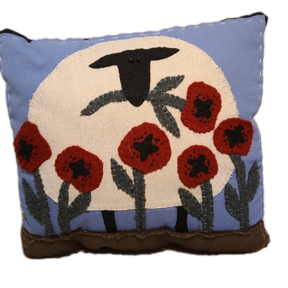 Picking Poppies Sheep Applique' Pattern Throw Pillow