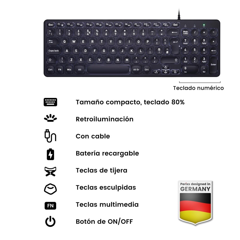Perixx PERIBOARD-333 Teclado Compacto USB retroiluminado con Cable - Teclas de t