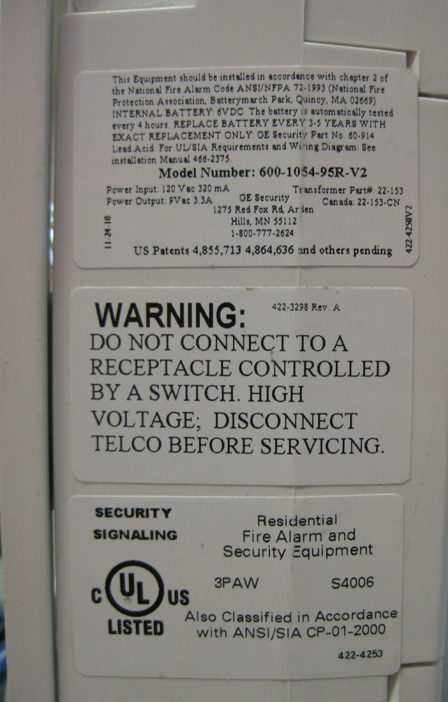 GE Simon-XT 600-1054-95R-V2 Home Security Keypad System
