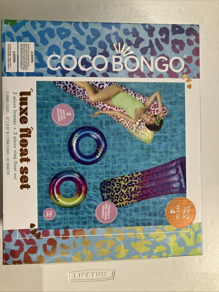 Coco Bongo Luxe Float Set 2 Lounges and 2 Ring Floats Plus Patch Kit New