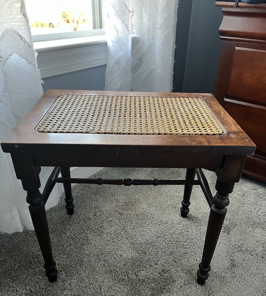 VTG Solid Walnut Vanity Bench Piano Stool Cane Bottom Turned Legs
