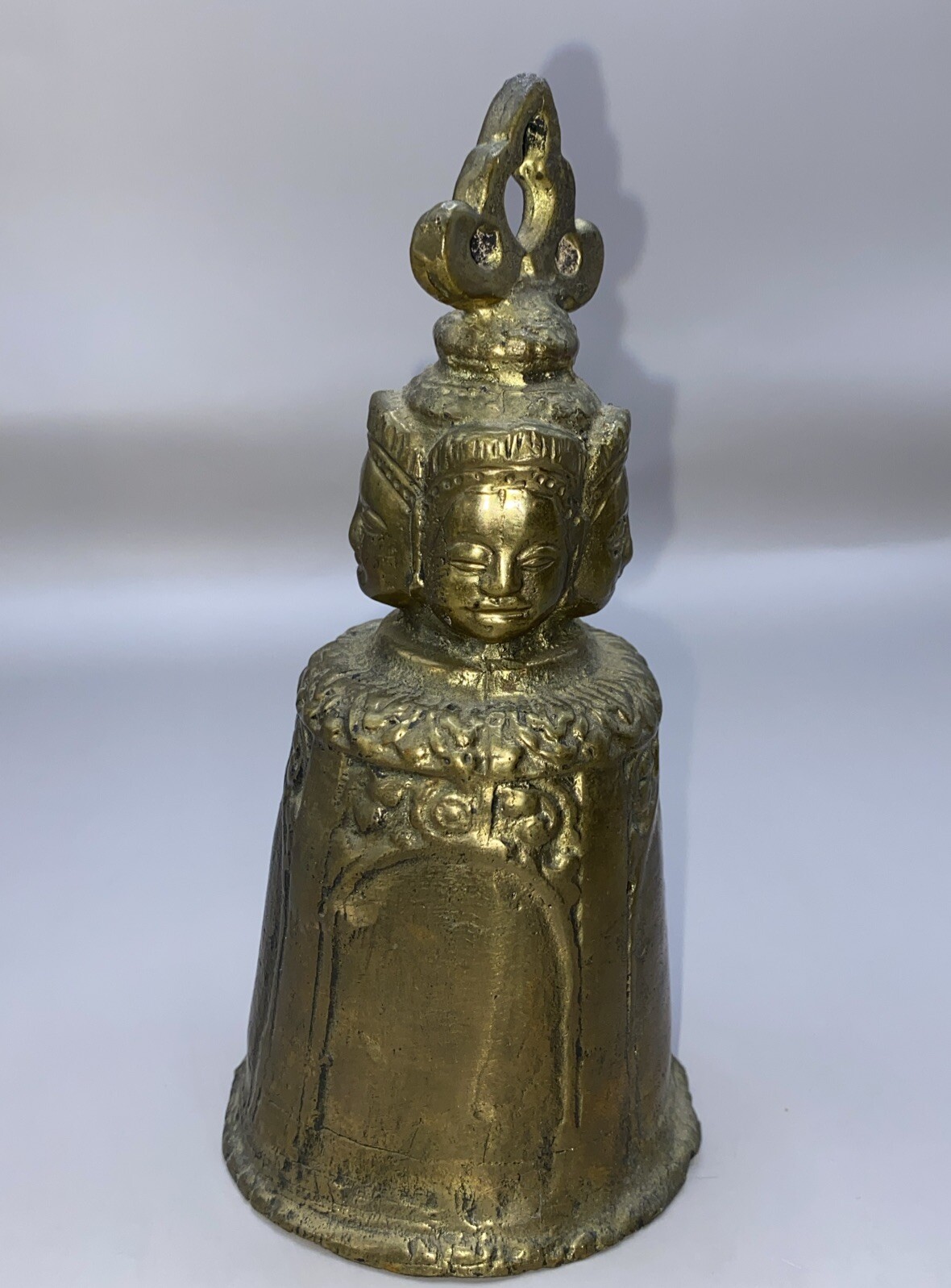 Antique BRONZE TEMPLE BELL Buddhist Tibetan Ritual Temple Bell W/ 4 Faces Handle