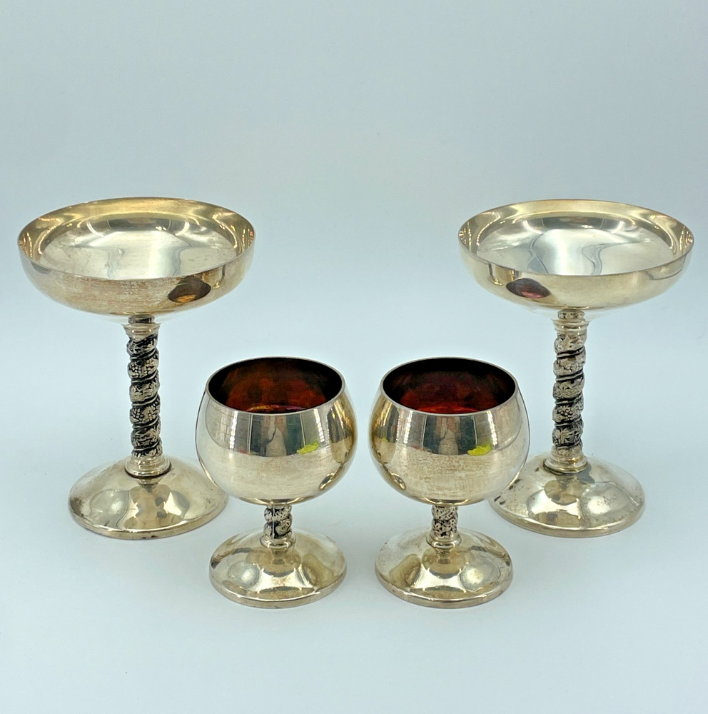VINTAGE Silverplate Goblet Coupe Glasses Set 4 Decorative Stems 6in & 4in