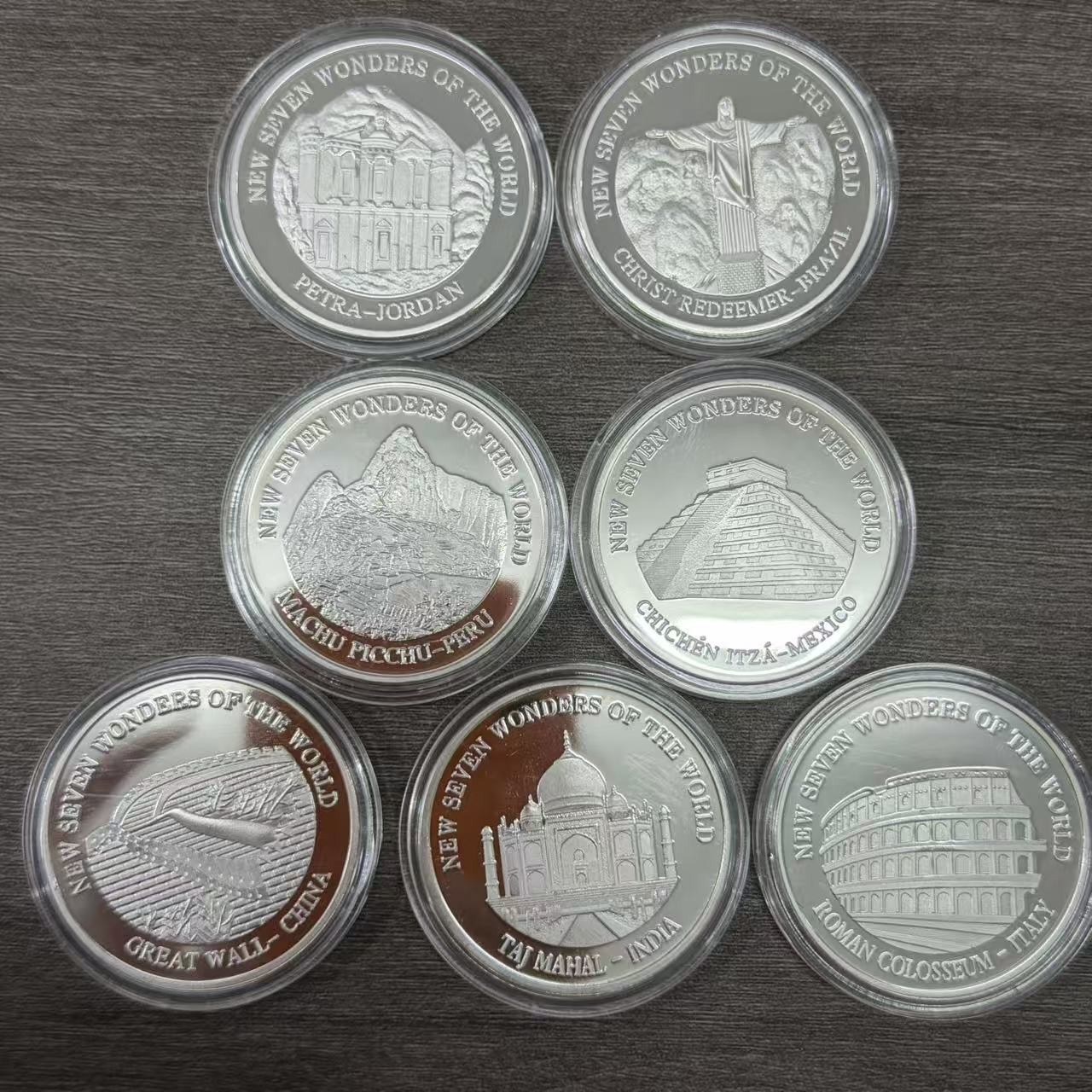 7Pcs New Seven Wonders of the World Coin Set Silver-Tone Commemorative Medals