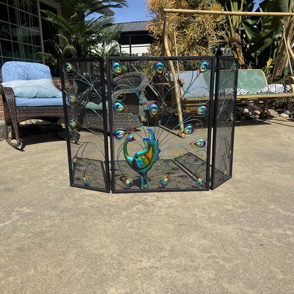 Folding Peacock Fireplace Screen Vintage Decorative Element
