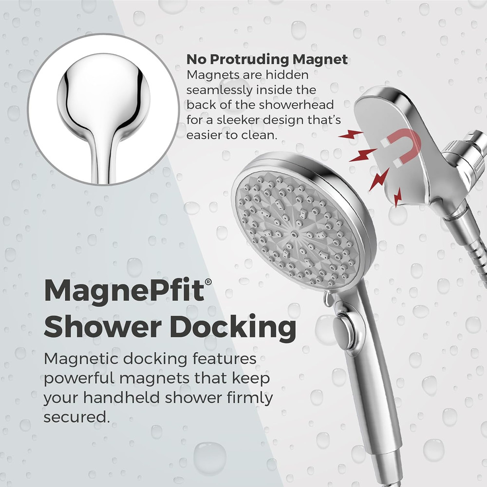 Hydrofuse Handheld Shower Head, Hose Included, Magnetic Docking, 6-Function, 1.7