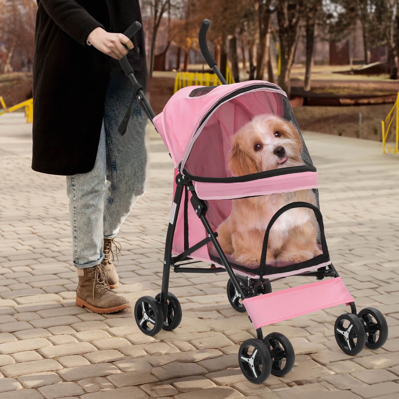 Foldable Pink Dog Stroller Adjustable Canopy Breathable Pet Travel Carrier Cart