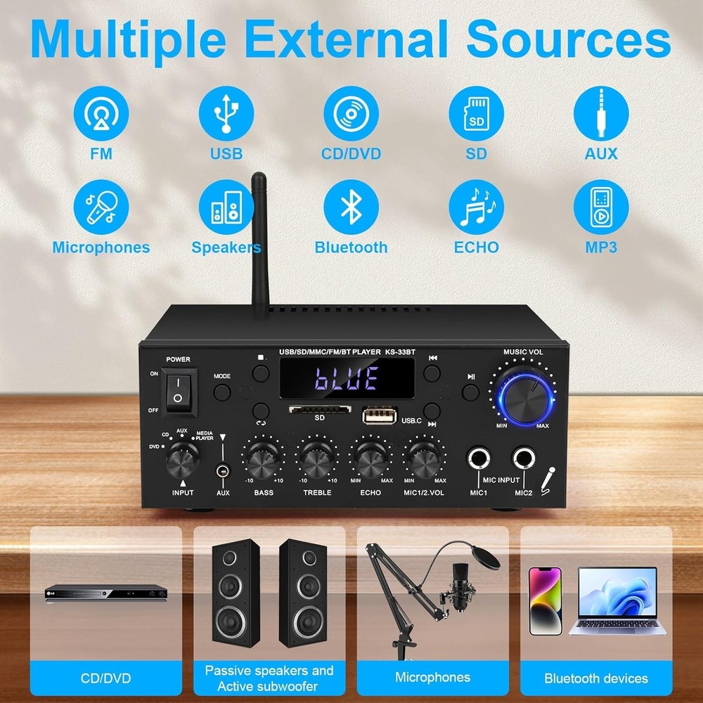 Compact 500W Audio Amplifier with Bluetooth