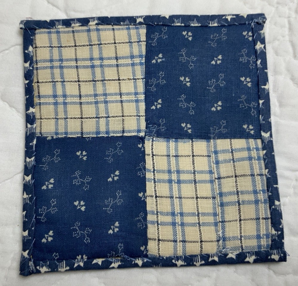Vintage Antique Patchwork Quilt Table Topper, Small, Four Patch, Calicos, Blue