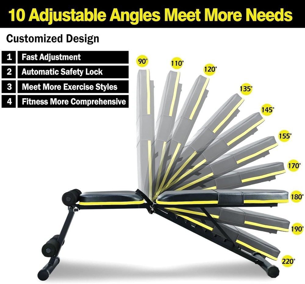 Foldable Adjustable Weight Bench - 10 Position Strength Trainer, 770LB Capacity