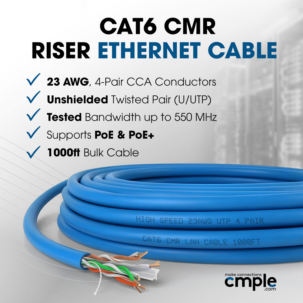 Cat6 Ethernet Cable 1000ft Riser CMR Solid 23AWG UTP 550MHz Pull Box Blue