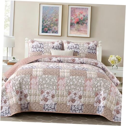 Patchwork Quilt Set Size,Reversible Floral Plaid Patchwork Summer King Brown