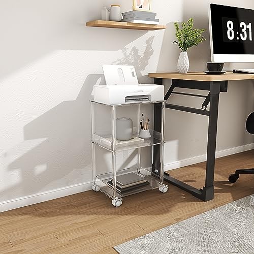 Acrylic Printer Stand, 3 Tier Clear Printer Cart with Lockable Wheels,