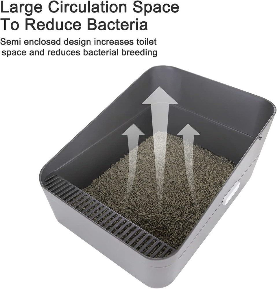 Cats Litter Box Low: Open Sifting Design -Tracking Space Saving - Grey Small Lit