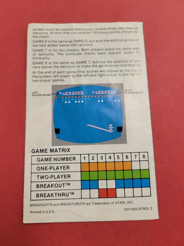 Cricus Atari game program instruction Booklet manual English!!