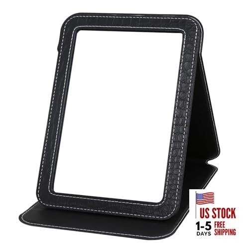 Foldable Desk Mirror Adjustable Angle Rounded Rectangle PU Edge 5.3×6.9” Black