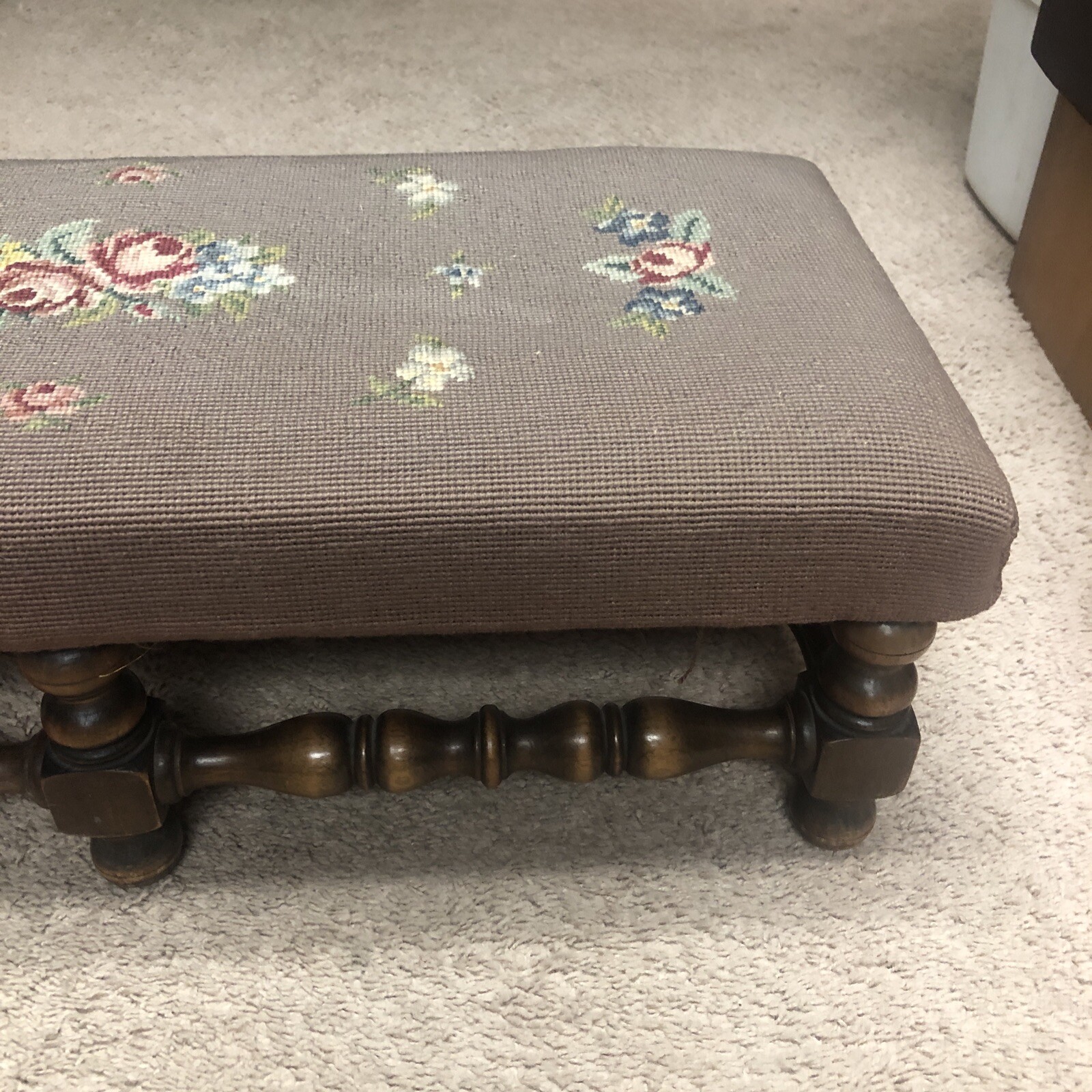 Antique Wood KITTENGER Footstool Ottoman Embroidered Needlepoint Flowers Rare