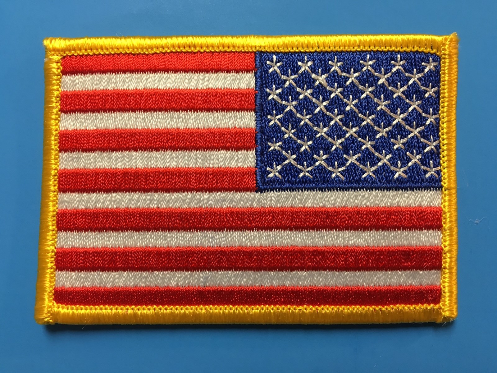REVERSE USA AMERICAN FLAG EMBROIDERED PATCH IRON-ON SEW-ON GOLD BORDER(3½ x 2¼”)