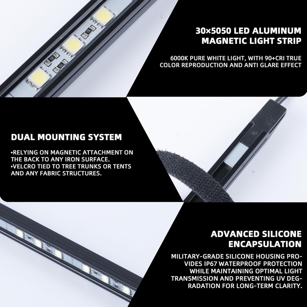 4- 20" 12V Light Bars LED Int/Ext Bar Kit Dimmable Camping String White Magnetic