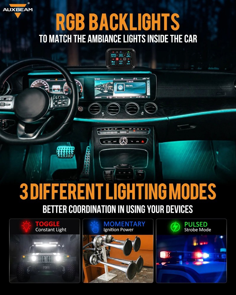 AUXBEAM RA60 RGB 6 Gang Switch Panel Kit Toggle Momentary Pulsed Controller Box