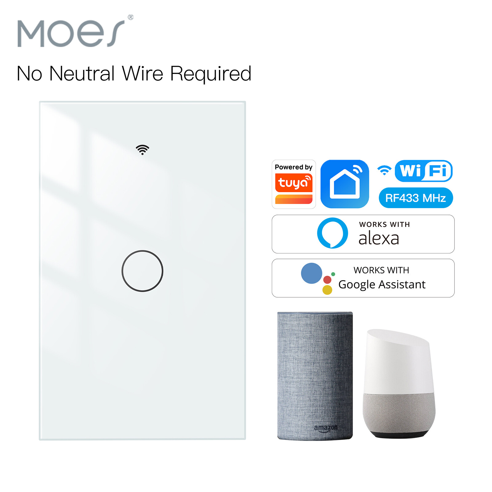 MOES 1/2/3/4 Gang WiFi RF Smart Light Switch Wall Touch No Neutral Alexa Google