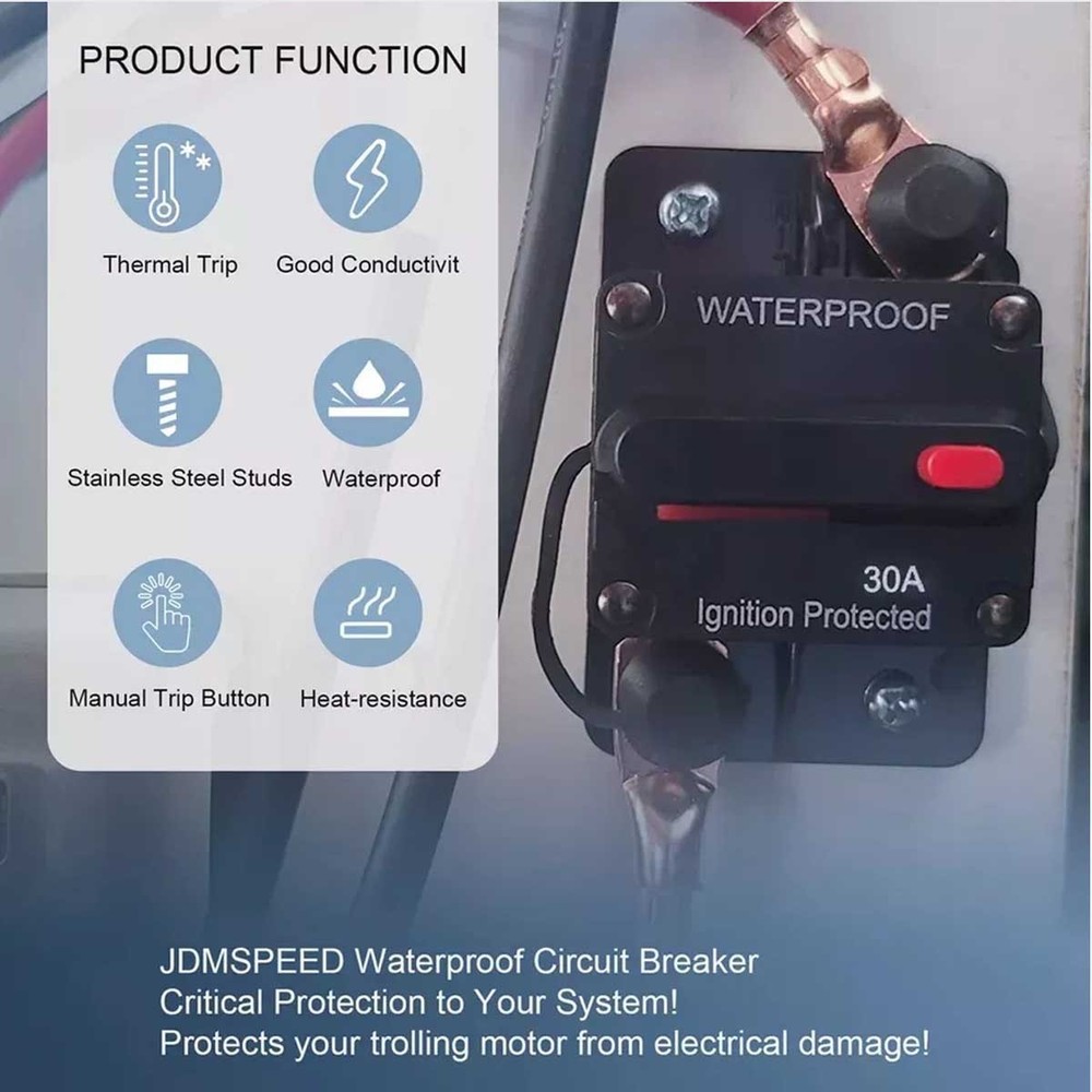 Two 30 amp circuit breakers for easy installation on trolling trailer vehicles