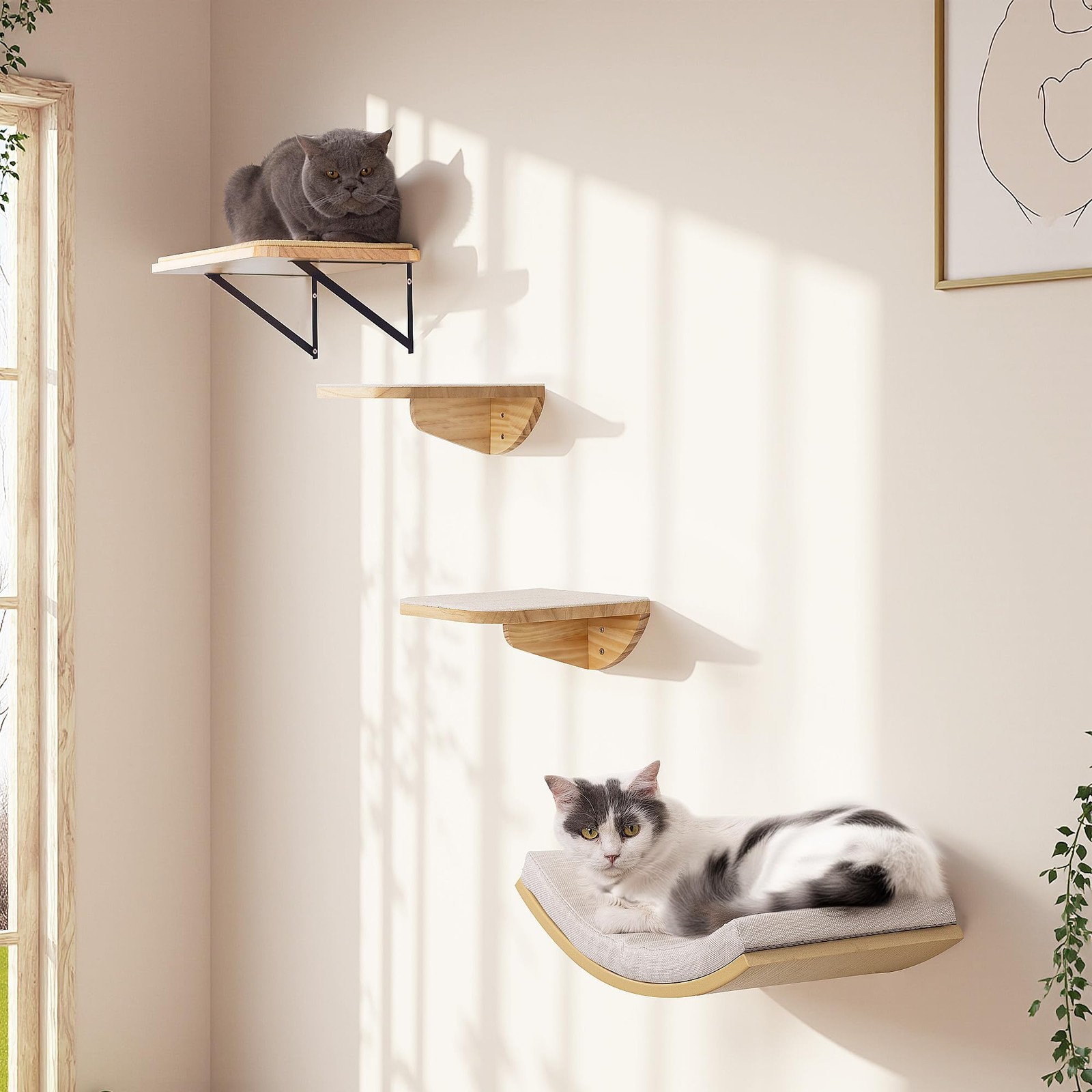 Cat Wall Shelf with Curved Hammock Bed, Wall Mounted Cat Perch with Beige Sof...