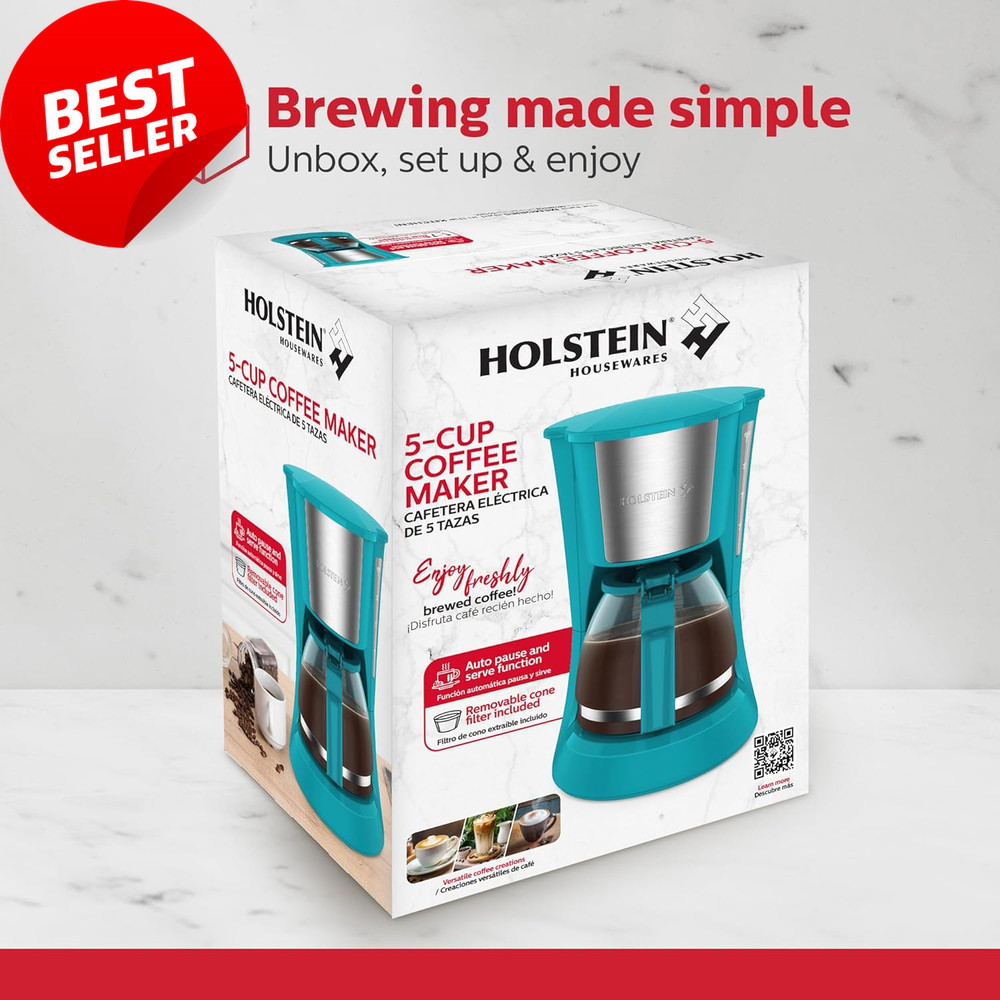 5-Cup Drip Coffee Maker, Auto Pause, Reusable Filter, Glass Carafe, Teal