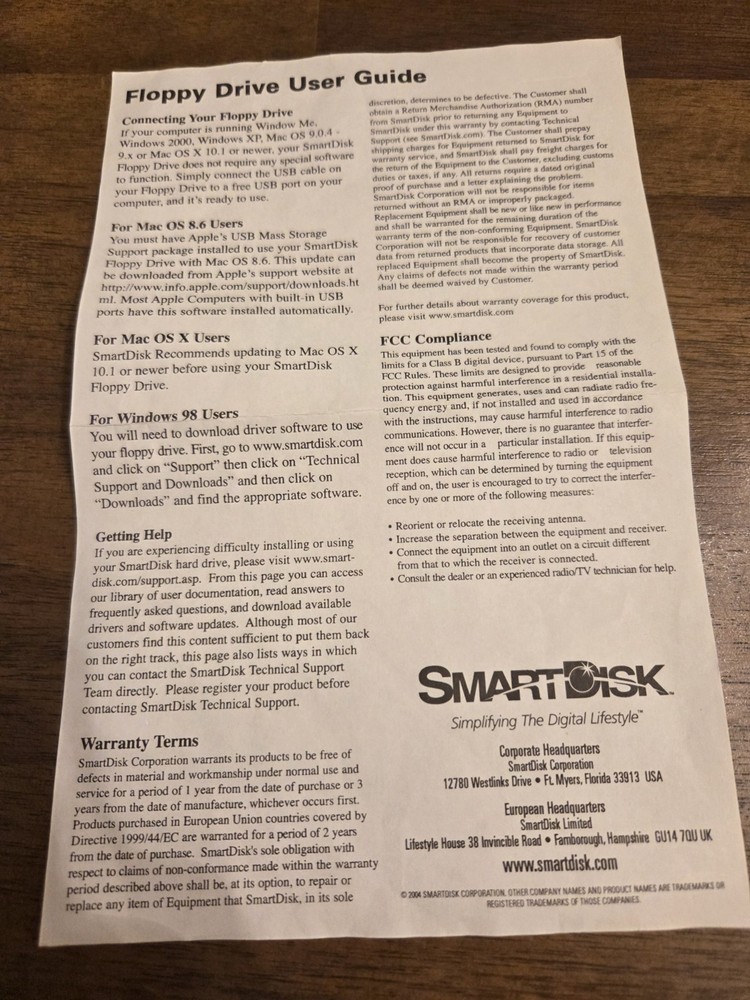 SmartDisk PC MAC USB POWERED High Speed 2x External 3.5" Floppy Drive- Untested