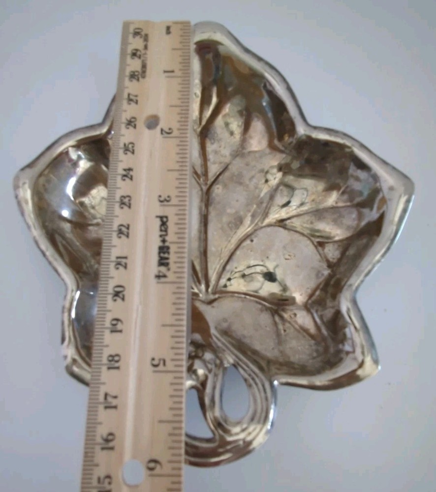 Vintage Silver Tone Leaf Dish Hong Kong 6" Trinket Tray