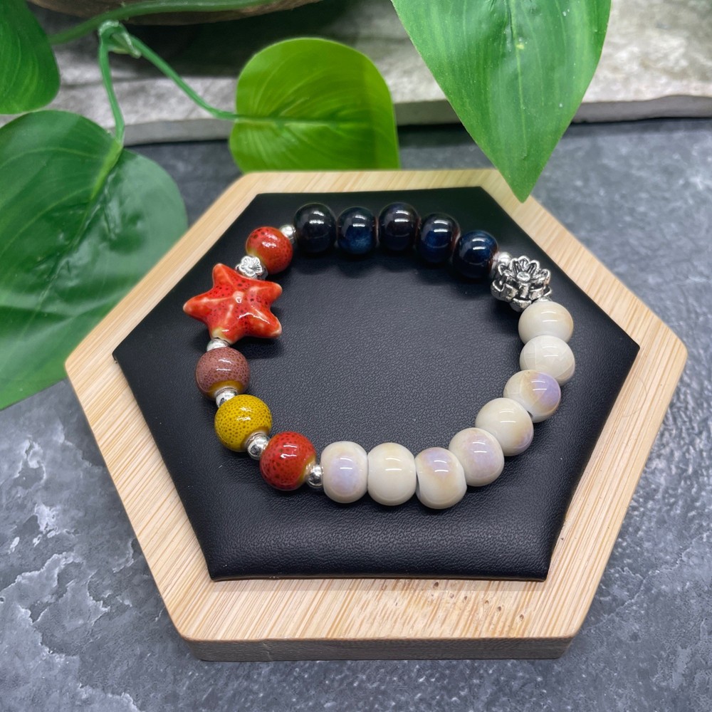 Handmade Ceramic Bead Beaded Stackable 6.25” Plus Stretch Bracelet New B539